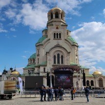 West side of the Alexander Nevsky Cathedral with preparations for the reception of the Bulgarian national volleyball team, which recently won the silver medal at the World Championship.